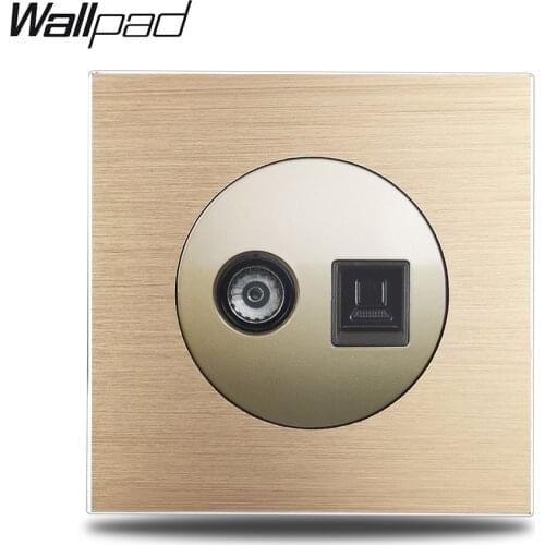 Wallpad L6 Gold TV FM Jack Internet Data Computer Socket RJ45 CAT6 Wiring Outlet Wall Socket Brushed Aluminum Metal Panel