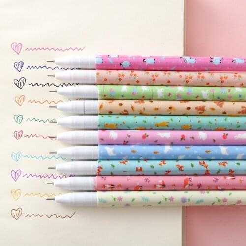 Yisuremia 10Pc/Set Kawaii Gel Pen Cartoon Floral Color Black Ink Sacs Replaced Students Office Signature Writing Pens Stationery