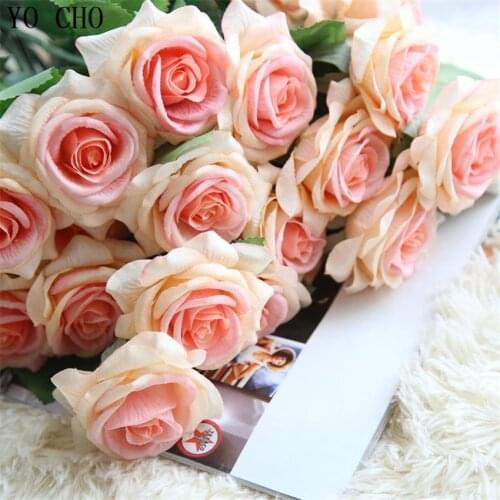 YO CHO Real Touch Silk Artificial Rose Flowers Silk Gluing Pu Fake Flower Home Decoration Wedding Party Garden Bridal Bouquet