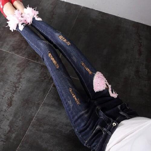 2020 New Fashion Women Mid Waist Denim Pencil Pink Swan Appliqued Sequined Embroidery Hole skinny Jeans