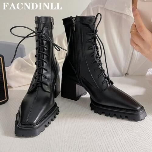 Top Quality Genuine Leather Women Ankle Boots Classic Casual Thick High Heels Cross-Tied Shoes Woman Autumn Winter Martin Boots