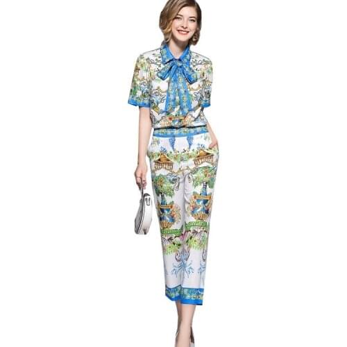 2021 Fashion Designer Suits Trousers 2 Piece Set Women Short Sleeve Bow tie Blouse and Floral Print Casual Pants Set
