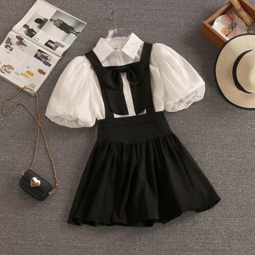 Summer Korean Sweet Two Piece Set Women Puff Sleeve Shirt Blouse Tops + High Waist Strap Short Skirts Sets Female 2 Piece Set