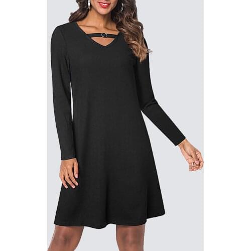 Women Brief Casual Designed V Neck Long Sleeve Swing Flowy Straight Mini Dress 1HT024
