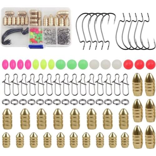 80pcs/box Texas fishing tackle box with Brass sinker jig hook split rings safety snaps lure tackle for bass trout fishing