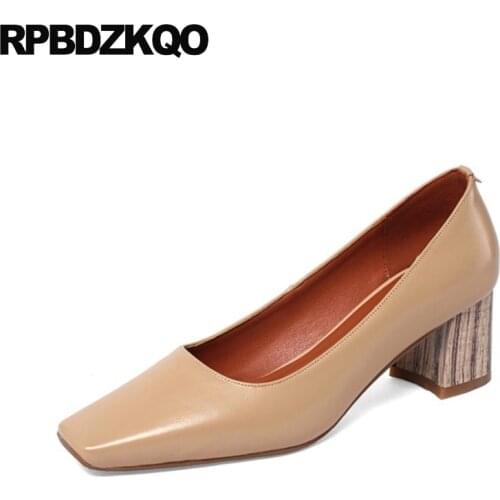 Wooden Nude Pumps Genuine Leather Women Trending Brand Shoes 2021 Size 33 Square Toe Chunky Chic Top Quality High Heels Medium