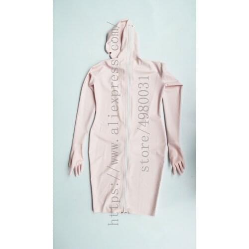 Baby pink latex dress with hole womens erotic latex dress with Fetish latex hoods and gloves attached back zip