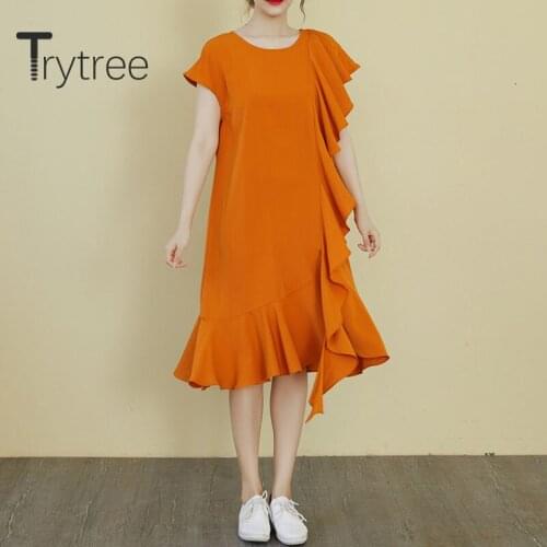 Trytree 2020 Summer Women Casual Dress O-neck Solid Fashion Ruffles Irregular Solid Dress Elegant A-line Office Lady Dress