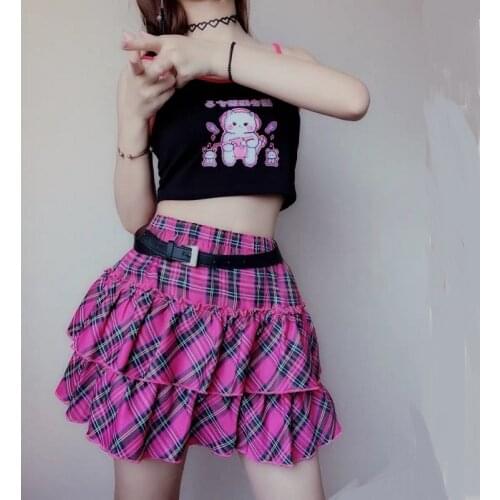 Sweet Japanese Girl Rose Red Plaid Skirt Women Summer Y2k Kawaii Lolita Cake Mini Skirts