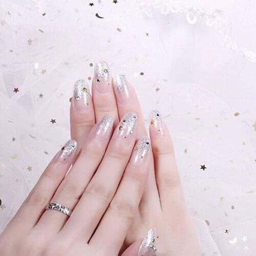 24pcs/Set Round Silver Glitter Fake Nails Pretty Moon Star Decal Wedding Bride Glue Sticker Press On Nails Manicure Tool Tips