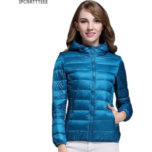 Autumn Winter Women Ultra Light Down Jackets Slim Solid Long Sleeve Hooded Women 90% White Duck Down Jackets