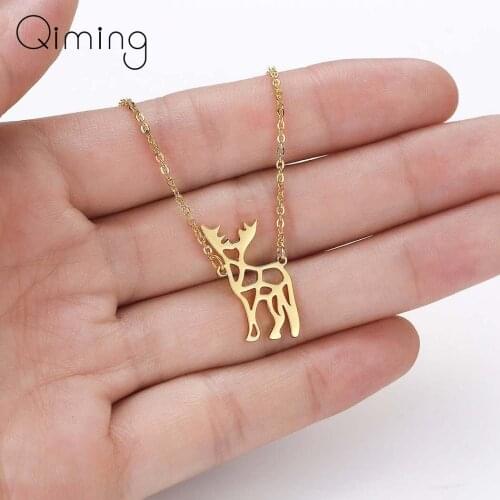Origami Bambi Deer Necklace Women Stainless Steel Baby Gift Reindeer Antler Animal Pendant Necklace Dainty Birthday Gift