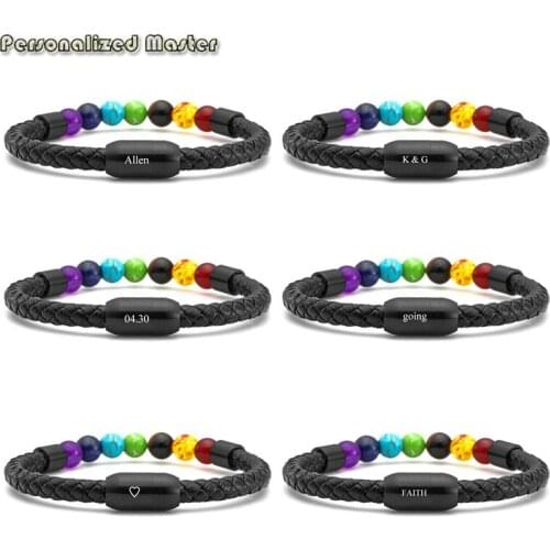Personalized Customized Name Numbers 7 Chakra Lava Rock Bracelet with Stainless Steel Magnetic Clasp Custom Bracelets Jewelry
