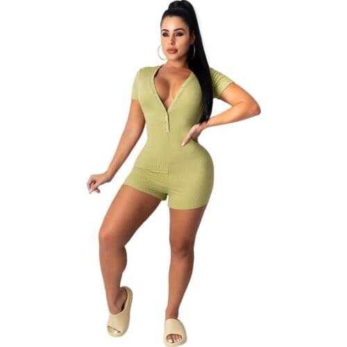 Ribbed Sexy Summer Romper Bodycon Solid Jumpsuit Women Playsuit Short Sleeve Ladies Short Jumpsuit Female Clothing Wholesale