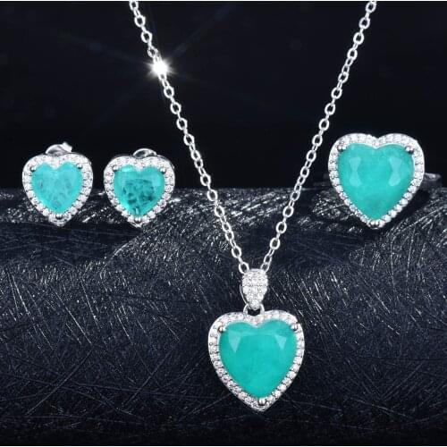 Romantic Heart Jewelry Luxury Paraiba Tourmaline Zircon Fashion Necklace Ring For Women Wedding Engagement Valentines Day Gift