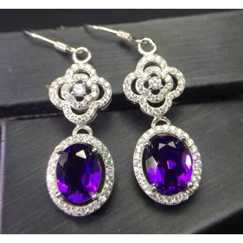 Uloveido Tested Amethyst Stud Earrings for Women, 925 Sterling Silver Jewelry, 6*8mm Gemstone with Velvet Box Certificate FR183