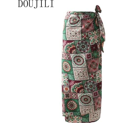 DOUJILI Vintage Skirt Long Style Geometric Print Green Color Elegant Women Skirt 2021 New Style