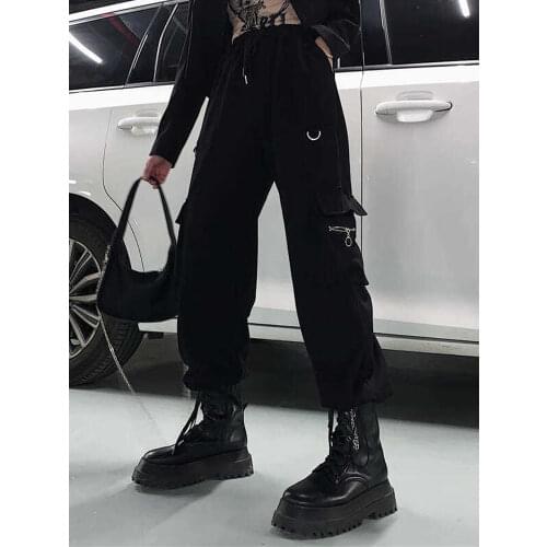 HOUZHOU Techwear Black Cargo Pants Women Hippie Streetwear Punk High Waist Korean Style Oversized Trousers Female Sweatpants