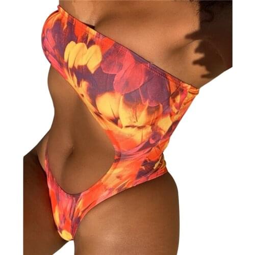 Women Hollow-out Swimsuit Strapless Bikini Romper Backless Off-Shoulder No-Sleeve Flower Beachwear Bikini Swim Padded Swimwear