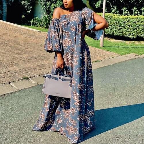 2021 New African Dress Vintage Floral Print Cold Shoulder Floor Length Large Elegant Evening Night Party Vestidos Dress Maxi Hot