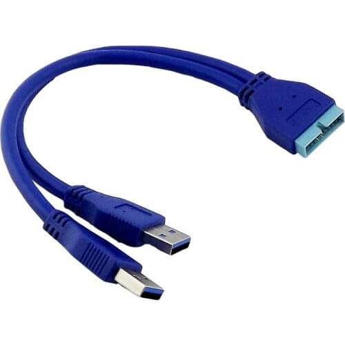 1pc Header Motherboard Extension Adapter Cable USB 3.0 A Male 2 Ports to 20 Pin Male Connector Cable 25cm Blue