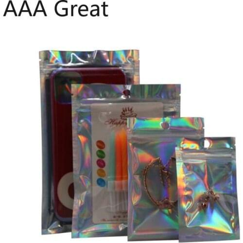 100Pcs/Lot Laser Ziplock Bag Laser Aluminum Foil Bags Silver Rainbow Party Packaging Bag Front Clear Flat Food Storage Pouches