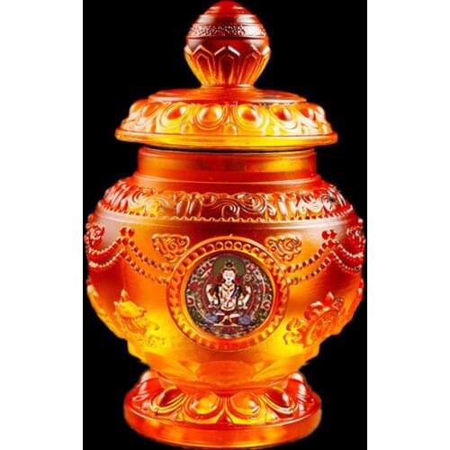 13cm Eight Auspicious Symbol Resin Tibetan Tranic Lotus Base Moni Treasured Wealth Putting Decorate Bottle