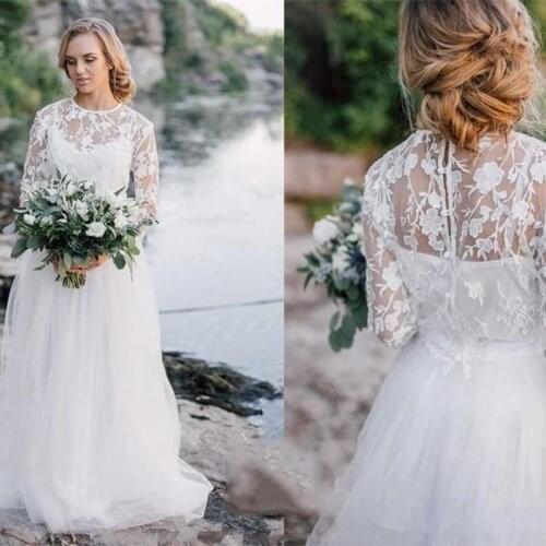 2020 A Line Beach Wedding Dresses with Long Sleeves Country Lace Appliqued Bridal Gowns wedding gowns Plus Size Custom Made