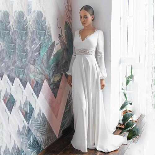 Bohemian White Wedding Dress Backless With Long Sleeve Lace A Line Sweep Train Woman Skirt Bridal Gown Civil Robe De Soriee 2021