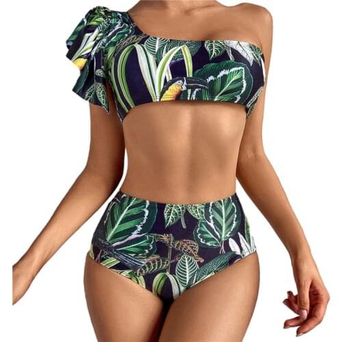 Women’s Vacation Style Printed Bikini Suit Ruffled Single Shoulder Bustier Tops with High Waist Triangle Bottoms Two-Piece Suits