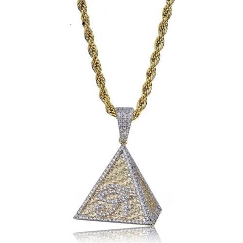 Egyptian Pyramid Eye of Horus Hip Hop Gold Color Plated Pendant Necklace for Men Iced Out Micro Pave Zircon Charm Jewelry