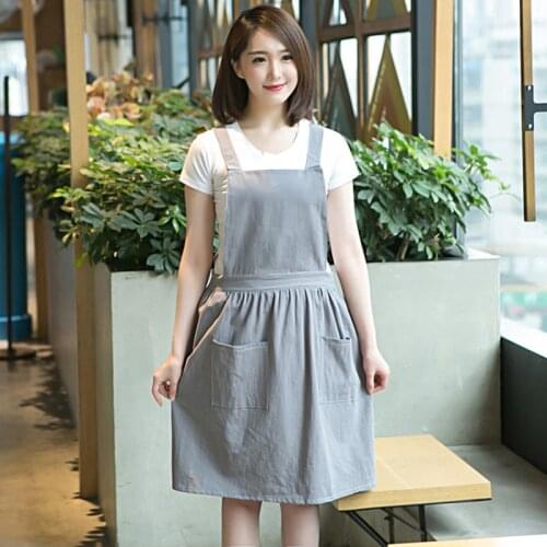 Household Kitchen Women Cotton Apron With Pockets Japanese Vintage Pinafore Dress Garden Working Aprons Cafe Baking Cooking Bibs