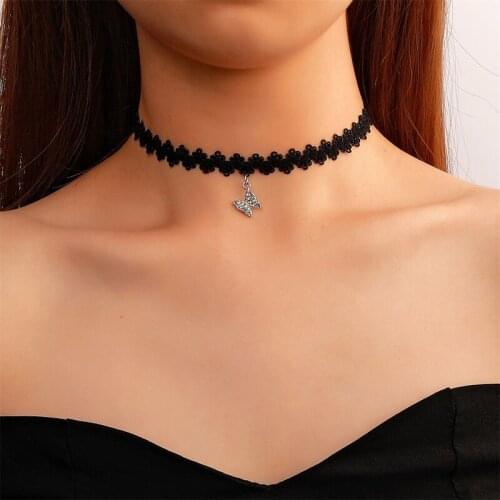 Gothic Sexy Black Lace Tassel Chain Necklace for Women Crystal Rhinestones Pendant Necklace Neck Choker Party Jewelry Gift