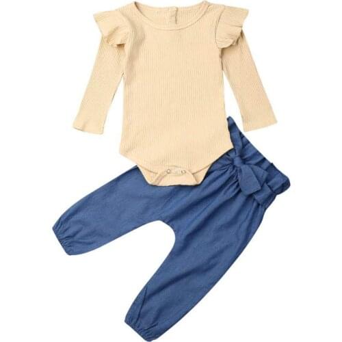 Newborn Infant Baby Girl Clothes Sets Spring Autumn Cotton Jumpsuit Bodysuit+Bowknot Denim Pants 2Pcs Outfits Sets