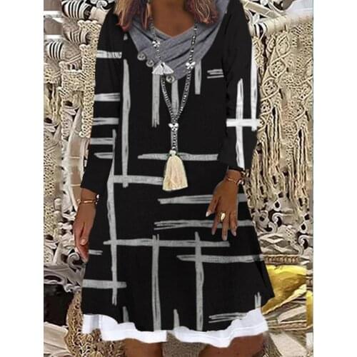 2021 Fashion Autumn Boho Dress Womens Geometric Printed Dresses Casual Long Sleeve Fake Two Piece New Dress For Women Vestidos