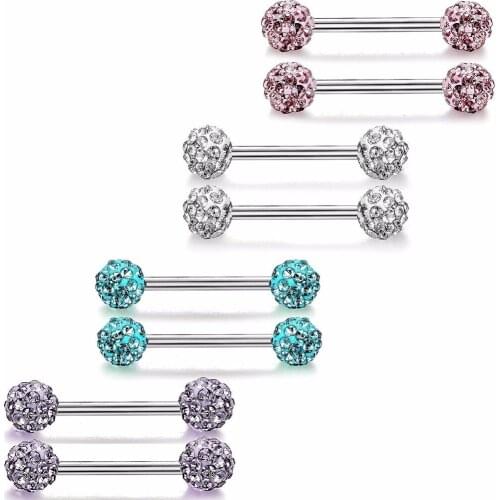 MODRSA 2pcs Stainless Steel Tongue Ring Barbell Crystal Ball Ear Stud Lip Tongue Piercing Body Jewelry For Women