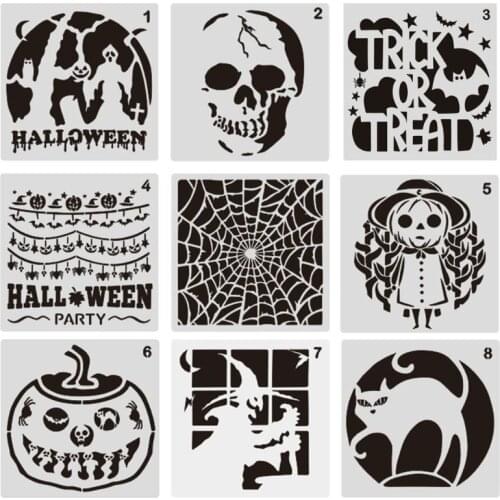 9 Pieces Plastic Halloween Themes Stencils Scale Template Set,Pumpkin,Skeleton,Witch,Bat,Ghost,Art Drawing Painting Spra