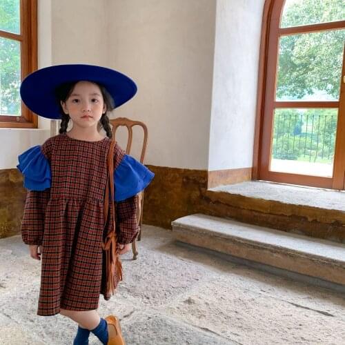 2021 New Arrival Autumn Toddler Girl Plaid Long-sleeve Dress Ruffles Shoulder Childrens Party Clothing Kids Dresses for Girls