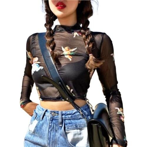 New Arrival Women Angel Tee Sexy Women T Shirt See Through Transparent Mesh Top Long Sleeve Sheer Slim Ladies Turtleneck Blouse