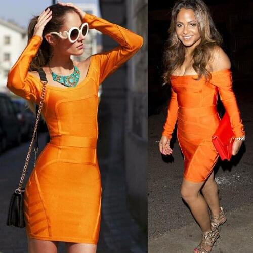 Orange off shoulder long sleeve new fashion 2017 sexy lady bodycon clubwear party mini bandage dress
