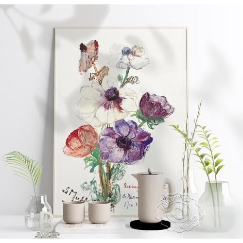 Nieuwjaarsgroet Met Anemonen Poster, Sientje Mesdag-Van Houten Flower Leaf Art Canvas Painting, Plant Foyer Wall Art Home Decor