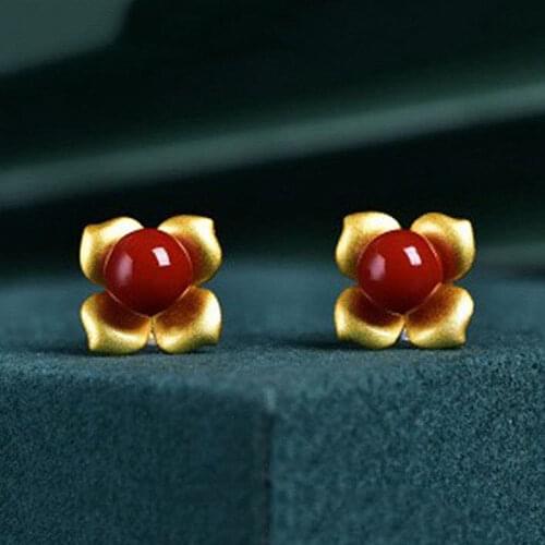 S925 Sterling Silver Southern Red Agate Four-Leaf Small Flower Ear Studs Gilding Inlaid Natural Hetian Jade Flower Stud Earrings