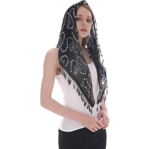 Embroidered Scarf for Church Catholic Prayer Shawl Spanish Mantilla Lace Hollow Veil Scarf Tassel Floral Transparent Shawl Laven