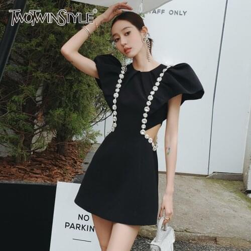 TWOTWINSTYLE Sexy Hollow Out Dress For Women O Neck Puff Short Sleeve High Waist Patchwork Diamonds Mini Dresses Female 2021 New