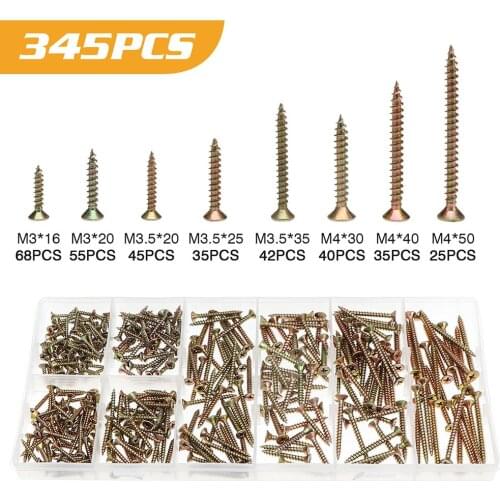 ELECTRAPICK 345PCS Boxed Color-plated Zinc M3 M3.5 M4 Cross Countersunk Head Tapping Screw Set Wood Screws Assortment