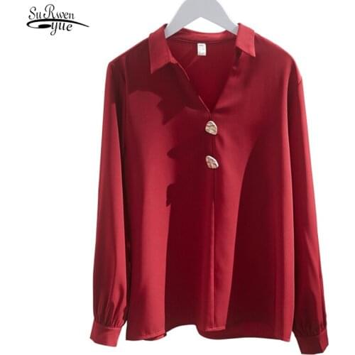 2021 Spring V-neck Chiffon Shirt Women Plus Size Lantern Sleeve Pullover Blouse Women Long Sleeve Red Tops Blusas Mujer 8921 50