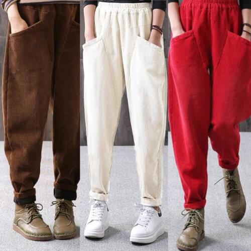 Vintage Style Corduroy Women Elastic Waist Casual Loose Harem Pants Long Trousers Solid color big pocket design simple stylish