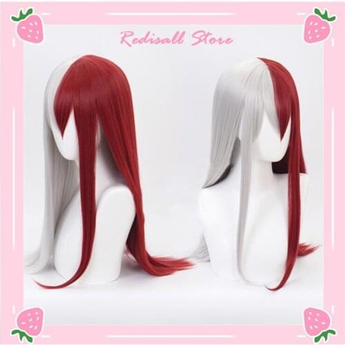 Todoroki Shoto Female Version Cosplay Wig Heat Resistant White and Red Long Cosplay Lolita Wig Adult Free Wig Cap Cute Girl