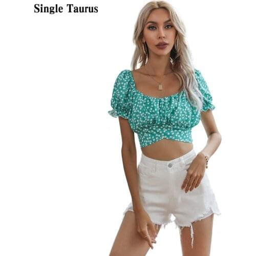 Female Chiffon Top Floral Print Summer Short Sleeve Bow Bandage Halter Green Womens Corset Top and Blouses Blusas Para Mujer