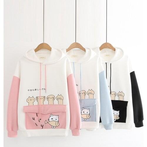 Kawaii Cat Print Autumn Sweatshirt Women Fashion Hooded Cat Cute Cotton Sleeve Tops Autumn Winter All-match Leisure Streetwear